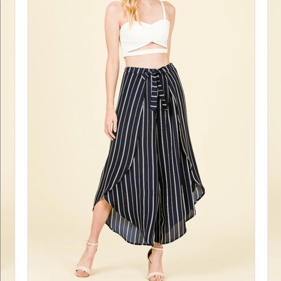 Pants - STRIPE PRINT WRAPPED PALAZZO PANTS RIBBON TIE WAIS